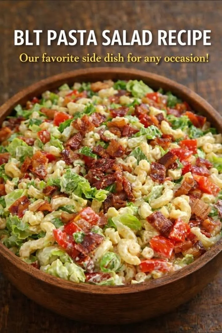Delicious BLT Pasta Salad with bacon, tomatoes, and lettuce in a creamy dressing.