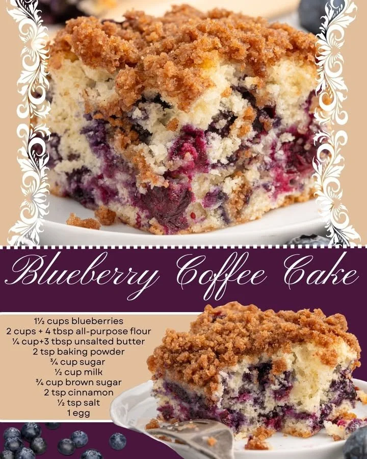 Delicious homemade Blueberry Coffee Cake with fresh blueberries and a crumbly topping