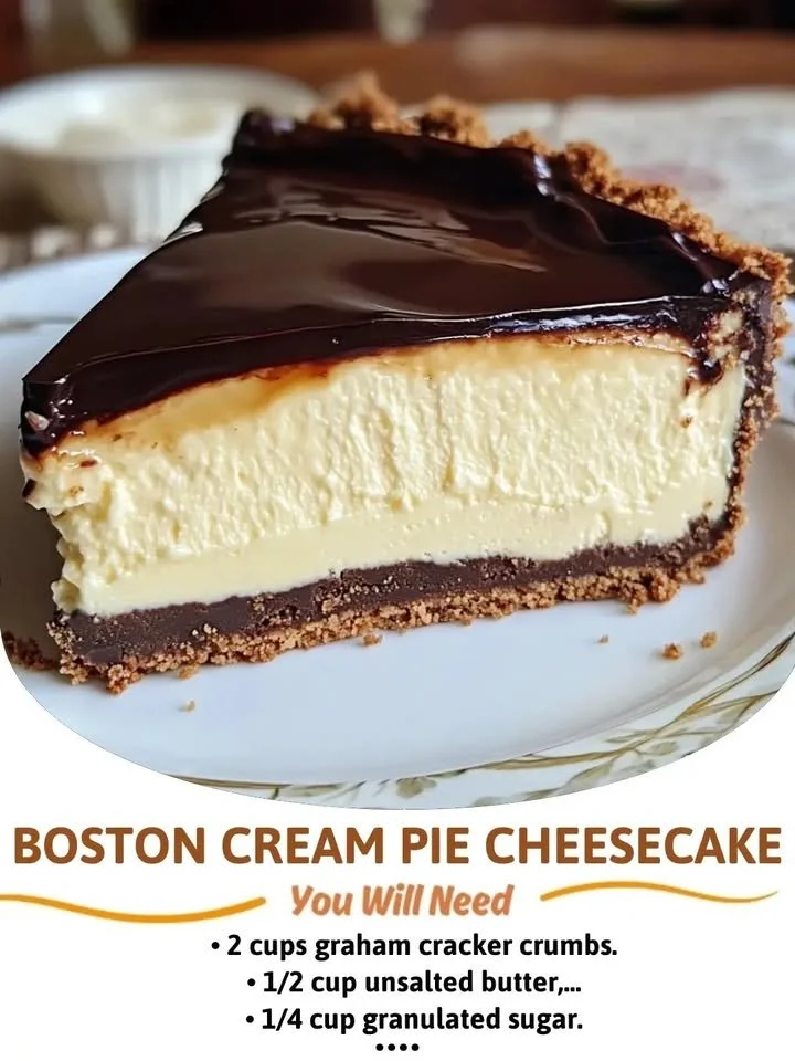 Delicious Boston Cream Pie Cheesecake topped with chocolate ganache