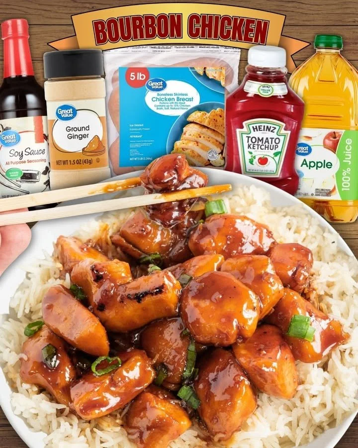 Delicious Bourbon Chicken served with rice and vegetables