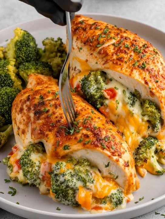 Broccoli cheese stuffed chicken dish served with vegetables