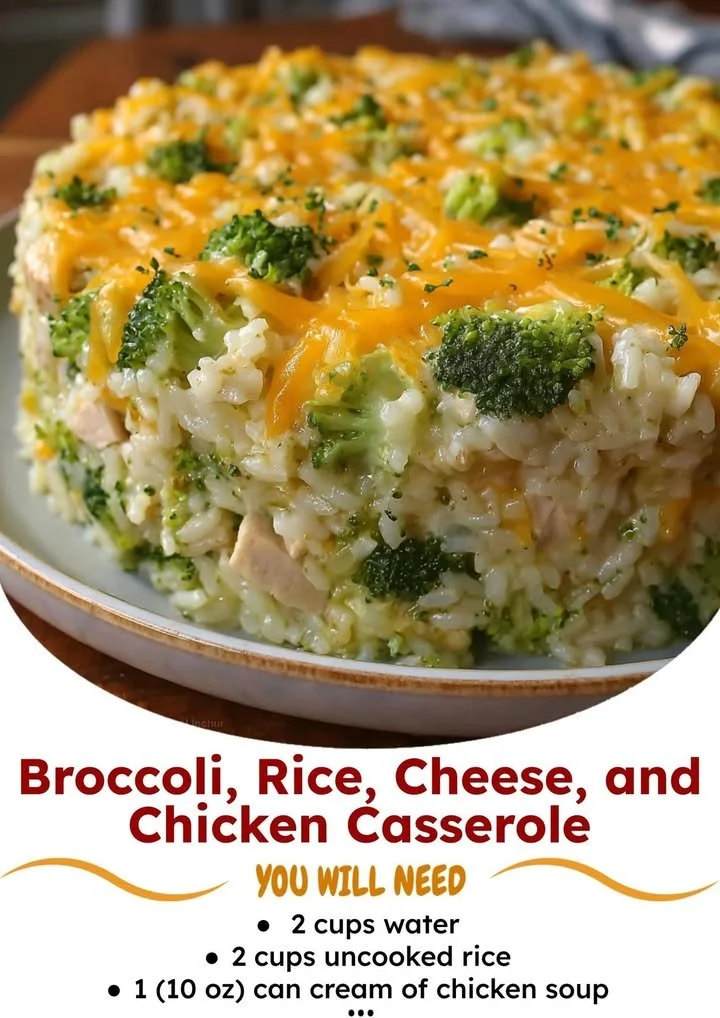 Broccoli, Rice, Cheese, and Chicken Casserole served in a baking dish