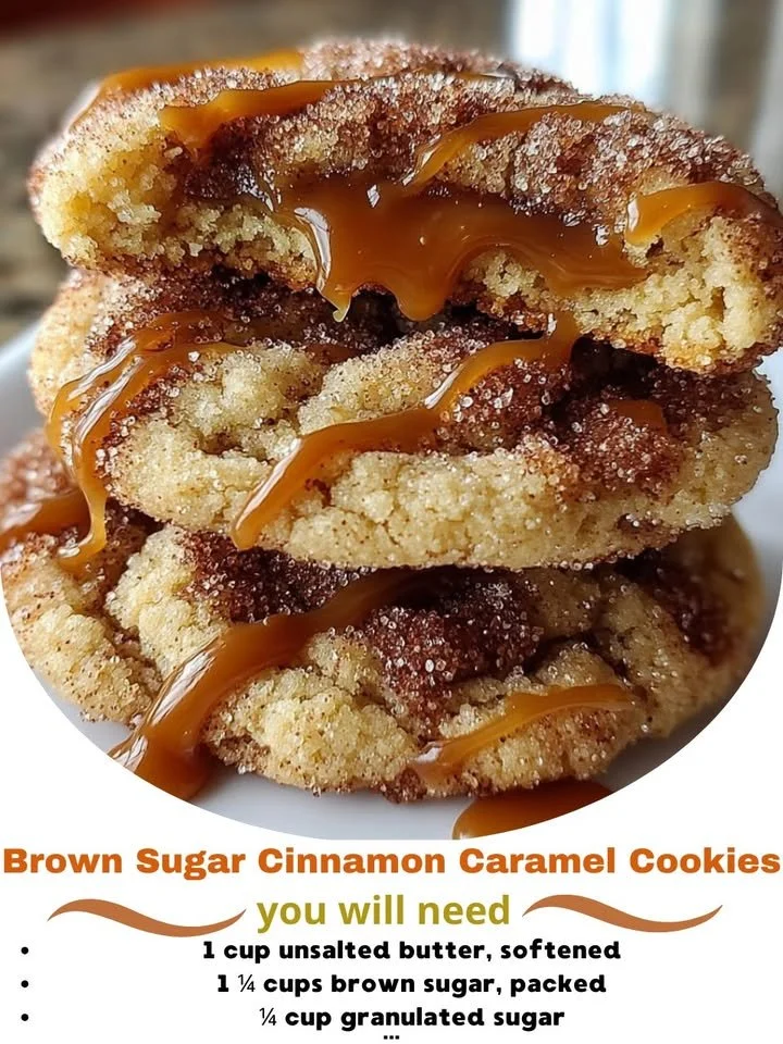 Brown sugar cinnamon caramel cookies with drizzled caramel topping.