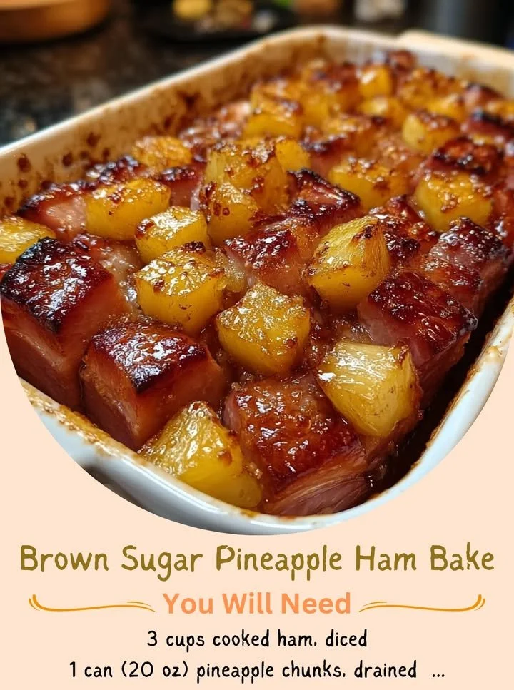 Brown Sugar Pineapple Ham Bake topped with caramelized pineapple and brown sugar glaze.