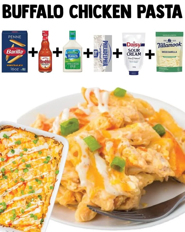 Delicious Buffalo Chicken Pasta Bake topped with cheese and spicy sauce.
