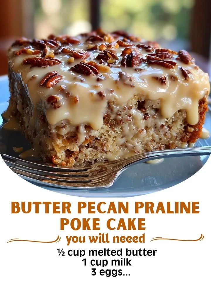Delicious Butter Pecan Praline Poke Cake topped with pecans and praline sauce