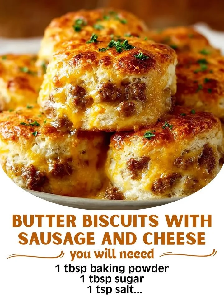 Delicious Butter Swim Biscuits topped with sausage and cheese