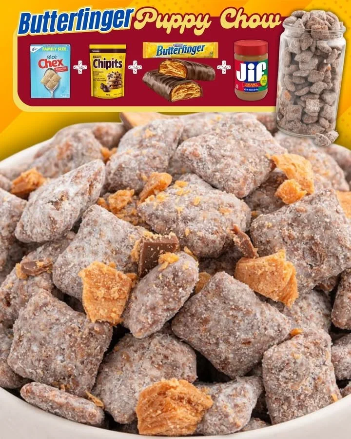 Bowl of Butterfinger Puppy Chow with chocolate and peanut butter pieces