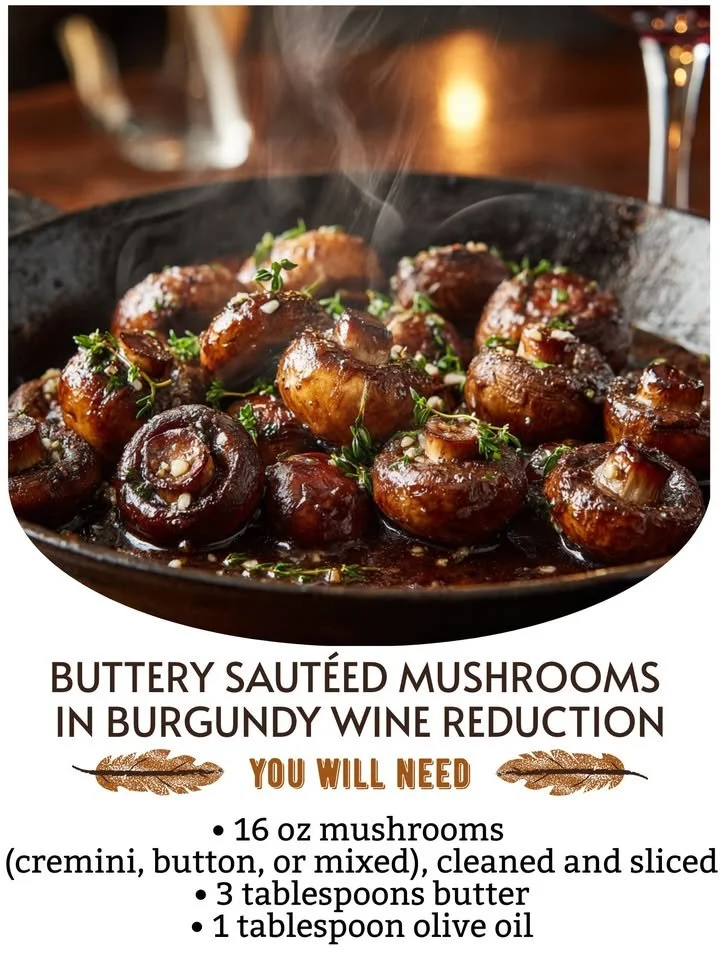 Plate of buttery sautéed mushrooms in Burgundy wine reduction sauce