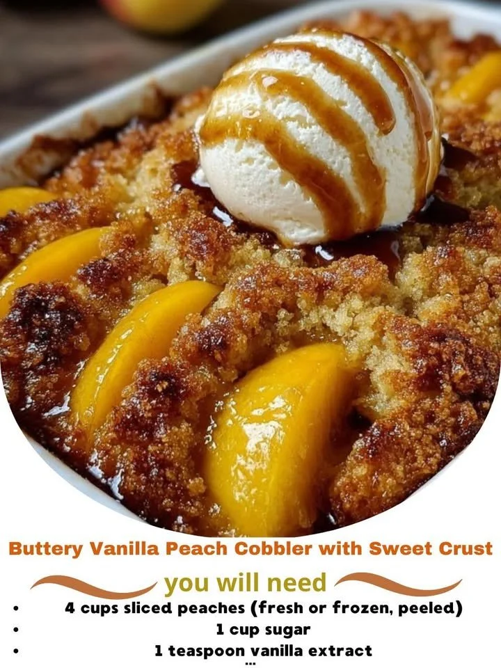 Delicious buttery vanilla peach cobbler served with a sweet crust