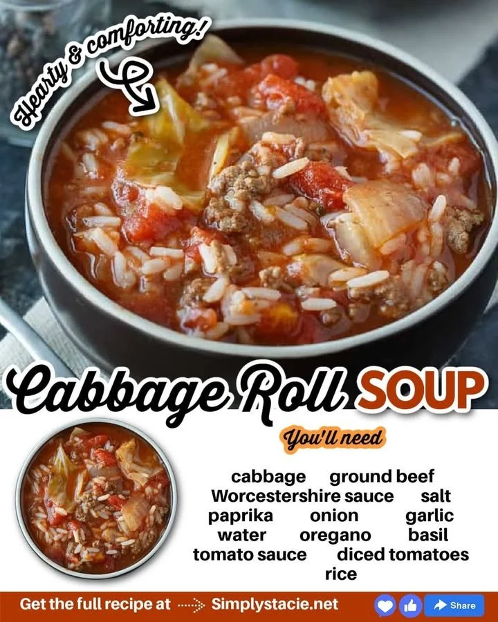 Bowl of hearty cabbage roll soup garnished with herbs.