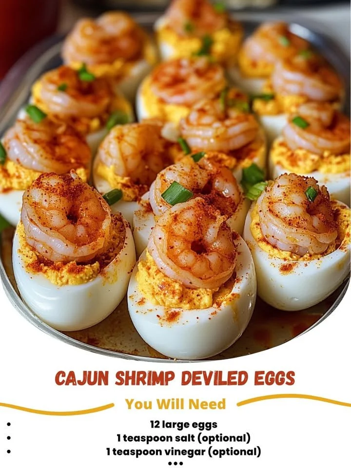 Cajun Shrimp Deviled Eggs ready to serve on a platter