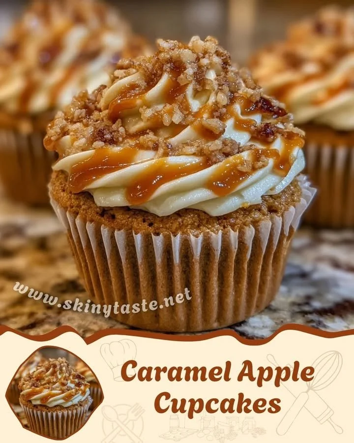 Delicious caramel apple cupcakes topped with creamy caramel and apple slices.
