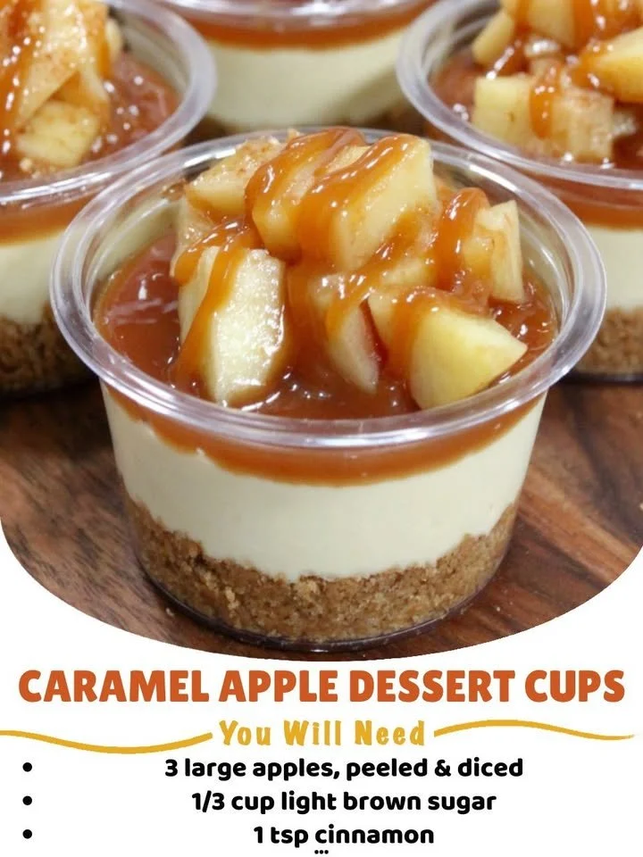 Caramel apple dessert cups topped with whipped cream and caramel drizzle