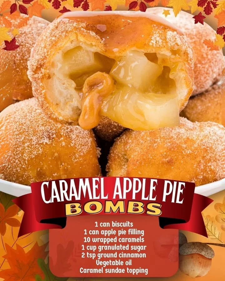 Delicious Caramel Apple Pie Bombs drizzled with caramel sauce