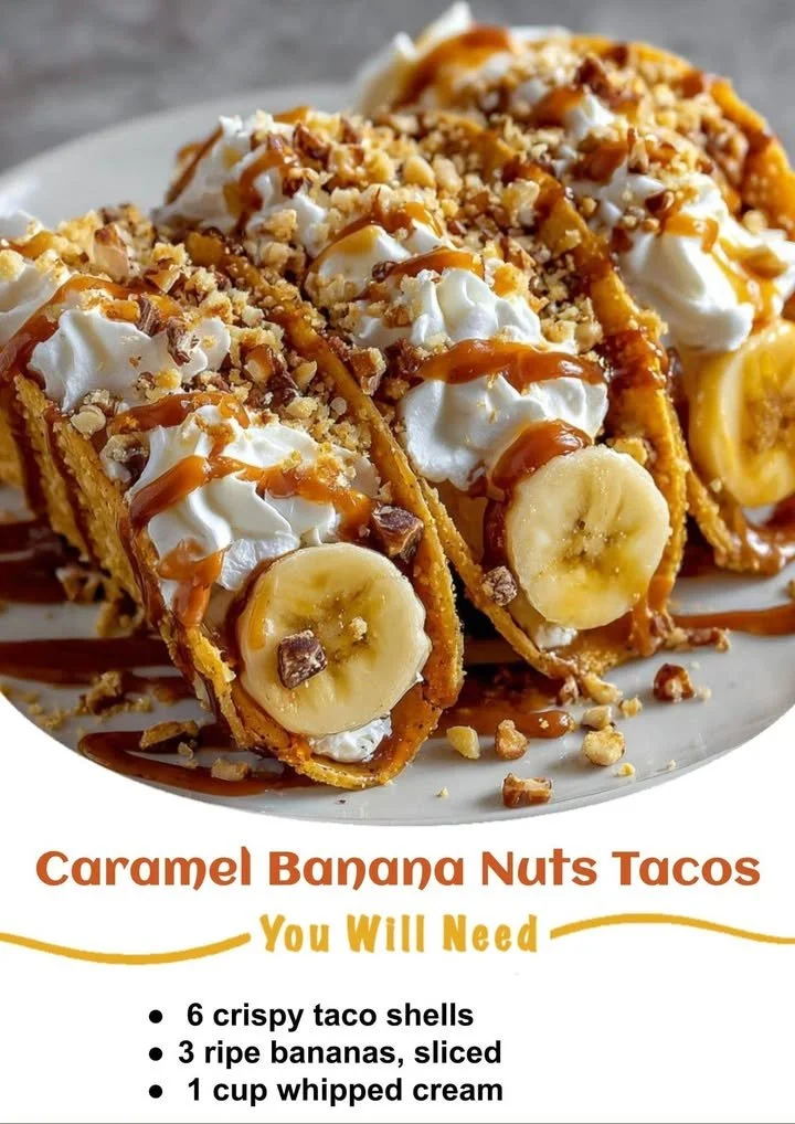Caramel banana nuts tacos served on a plate, a delicious dessert dish