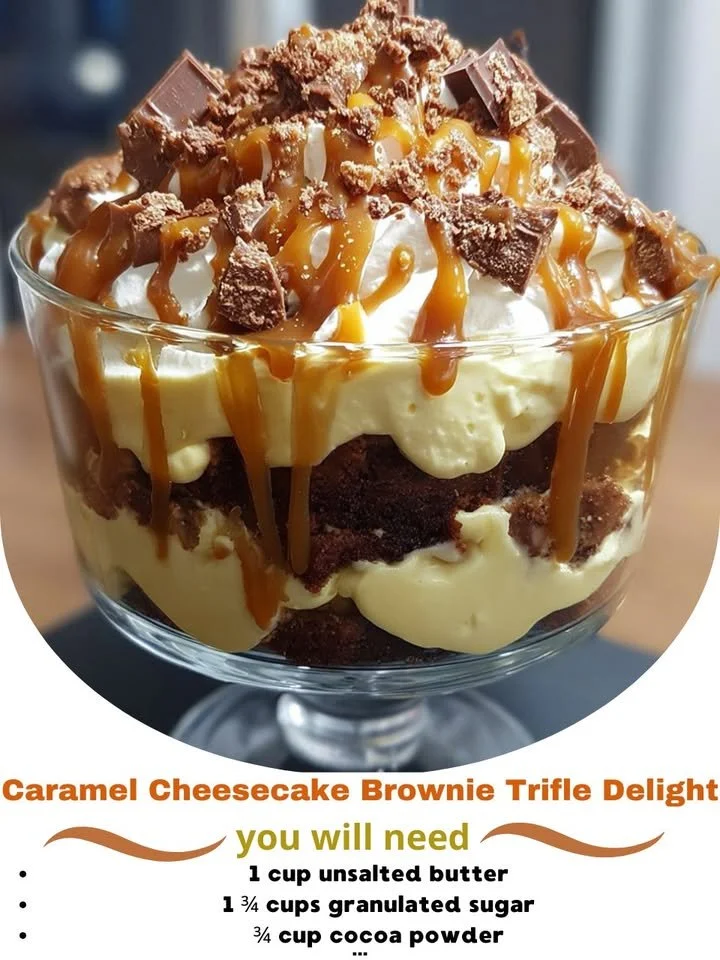 Decadent caramel cheesecake brownie trifle dessert in a glass