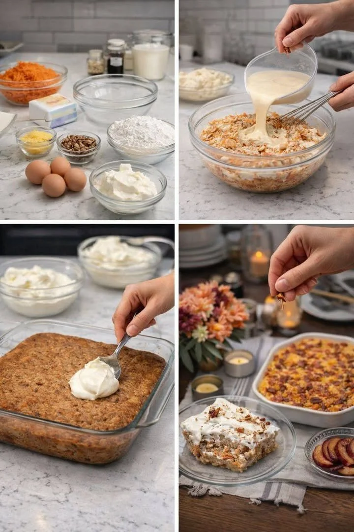 Delicious carrot cake baked oatmeal served in a bowl with garnish.