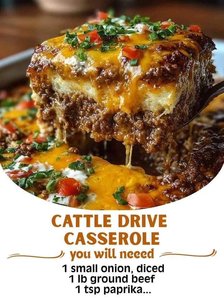 A delicious Cattle Drive Casserole served in a rustic dish.