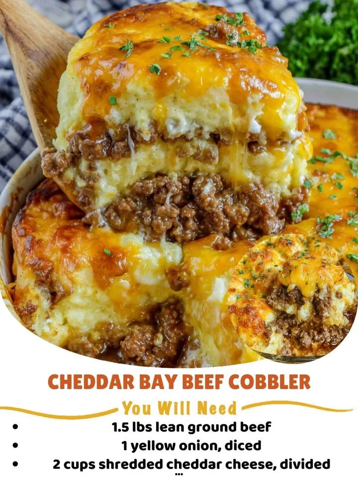 Delicious Cheddar Bay Beef Cobbler served in a bowl with herbs on top