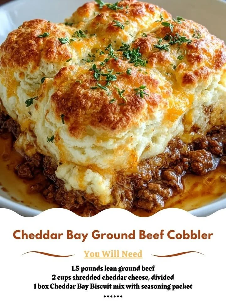 Cheddar Bay Ground Beef Cobbler topped with golden biscuits