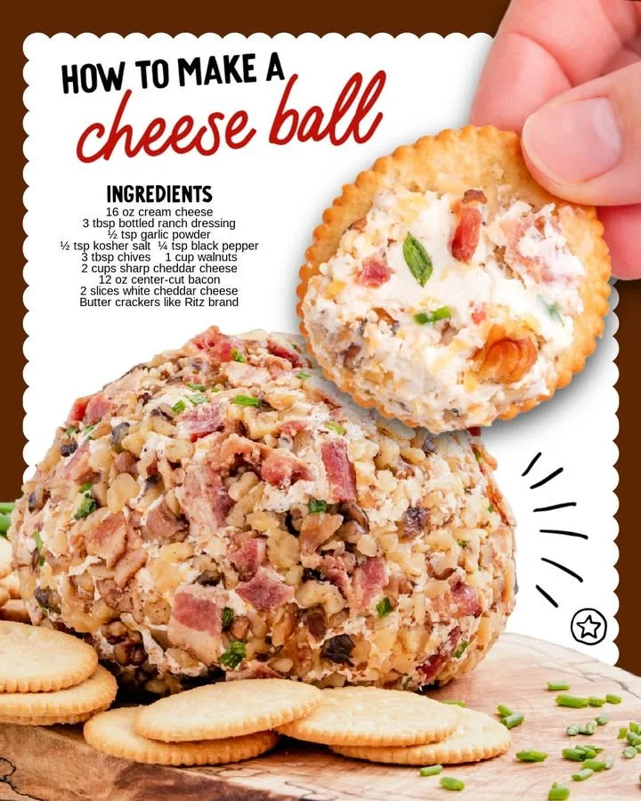 Delicious homemade Cheese Ball garnished with herbs and served with crackers.