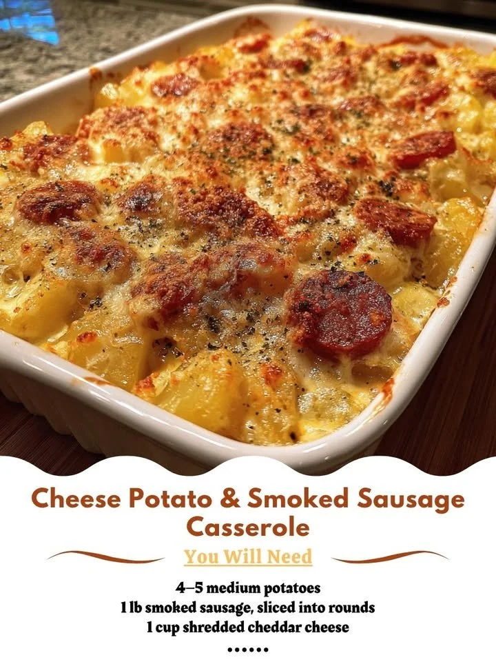 Delicious Cheese Potato Casserole with smoked sausage, garnished and ready to serve.