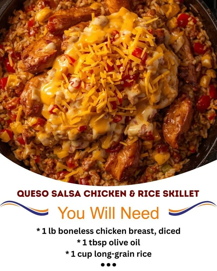 Cheese Salsa Chicken & Rice Skillet in a tasty one-pan meal