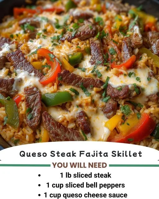 Delicious Cheese Steak Fajita Skillet served with colorful peppers and cheese.