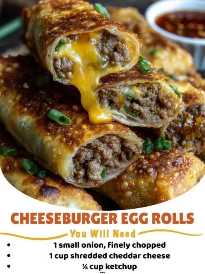 Plate of crispy cheeseburger egg rolls with dipping sauce