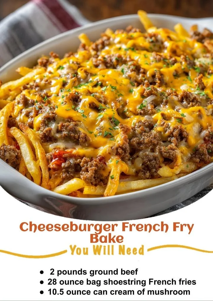 Delicious Cheeseburger Bake topped with crispy French fries