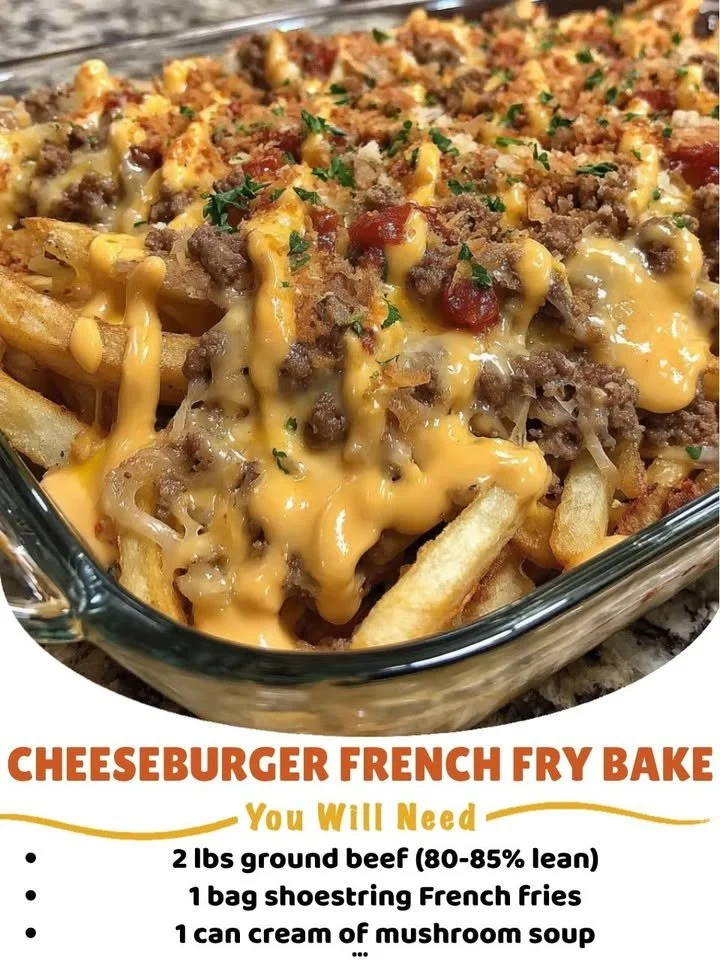 Cheeseburger French Fry Bake served with melted cheese on top