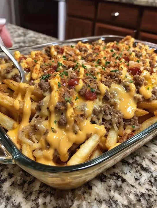 Delicious Cheeseburger French Fry Casserole served in a baking dish