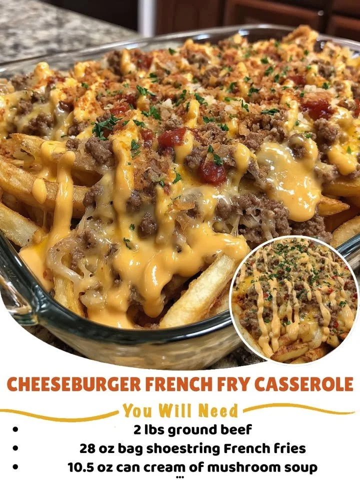 Cheeseburger French fry casserole topped with melted cheese and crispy fries