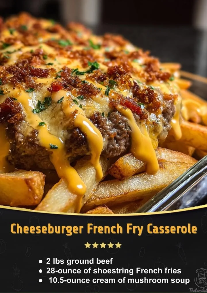 Cheeseburger Casserole topped with crispy French fries served in a casserole dish