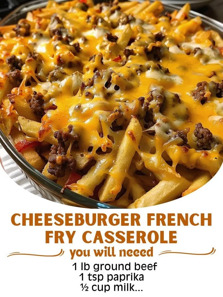 Delicious cheeseburger casserole topped with crispy French fries