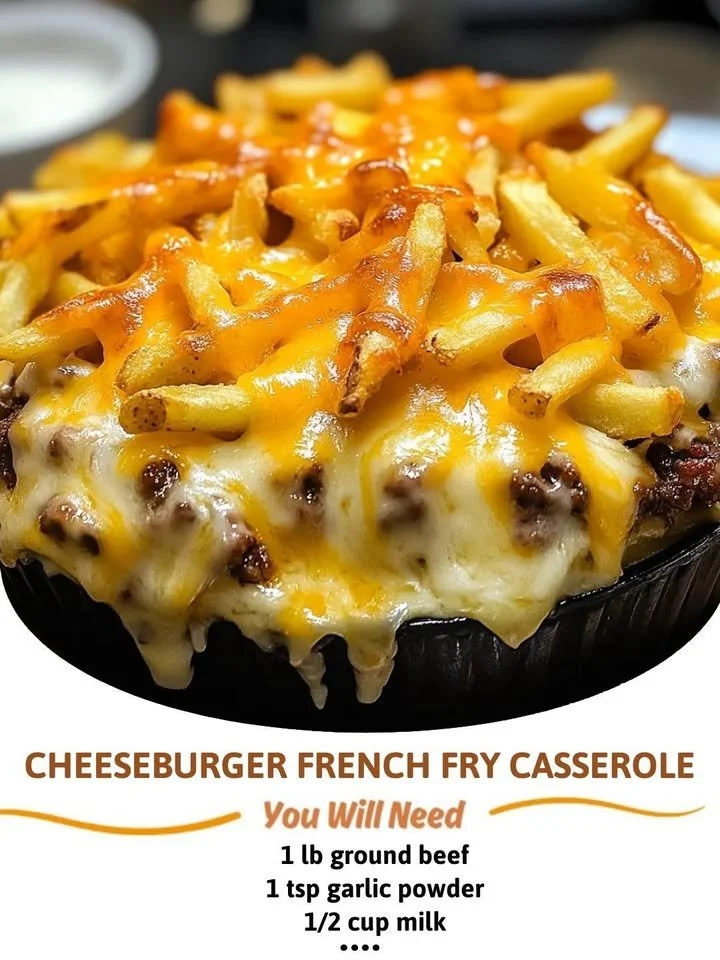 Delicious Cheeseburger Casserole topped with crispy French fries.