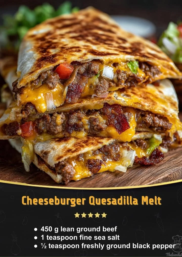 Cheeseburger Quesadilla Melt with beef, cheese, and toppings