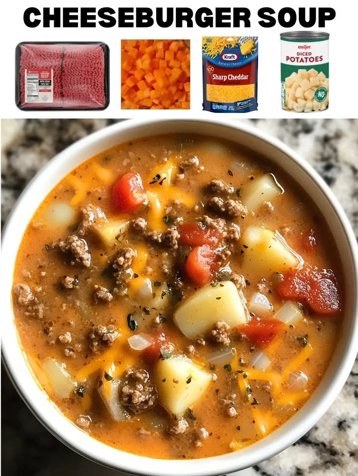 Bowl of creamy Cheeseburger Soup topped with cheese and bacon.