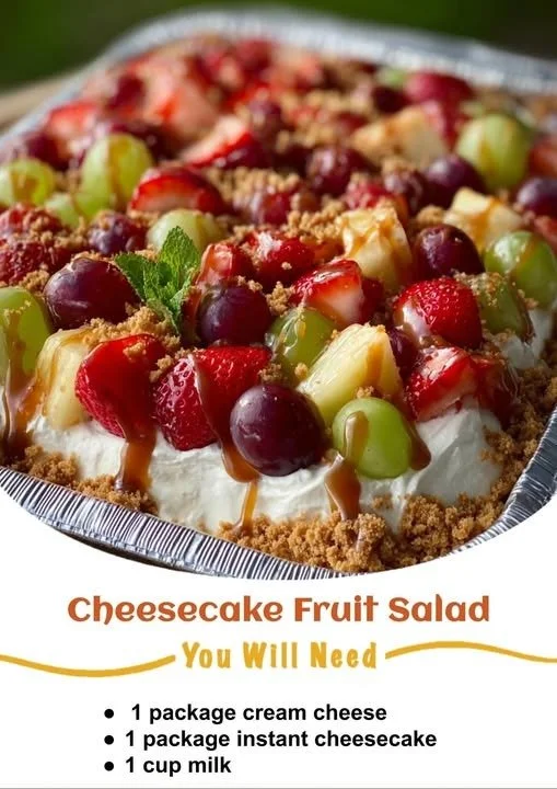 Delicious cheesecake fruit salad with colorful fruits and creamy cheesecake dressing