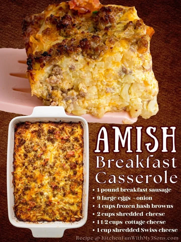 Cheesy Amish Breakfast Casserole topped with cheese and fresh herbs