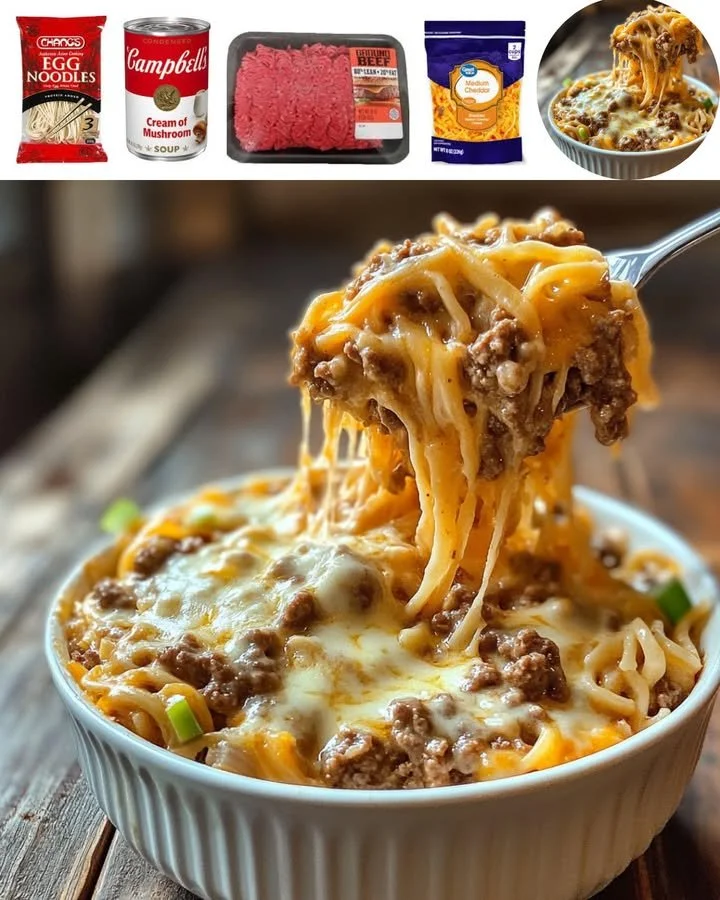 Cheesy Beef and Noodle Bake dish with melted cheese and beef layers