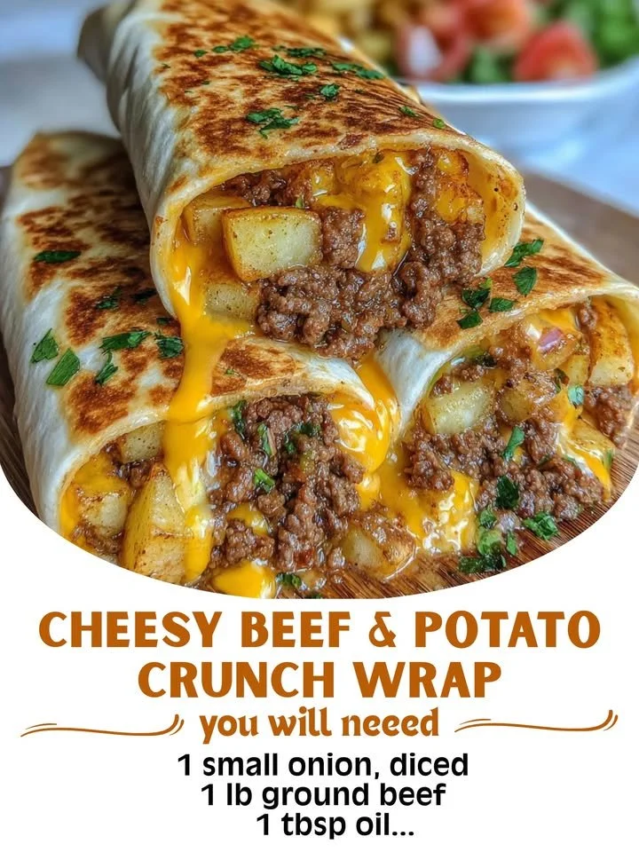Cheesy Beef & Potato Crunch Wrap with crispy edges and savory filling