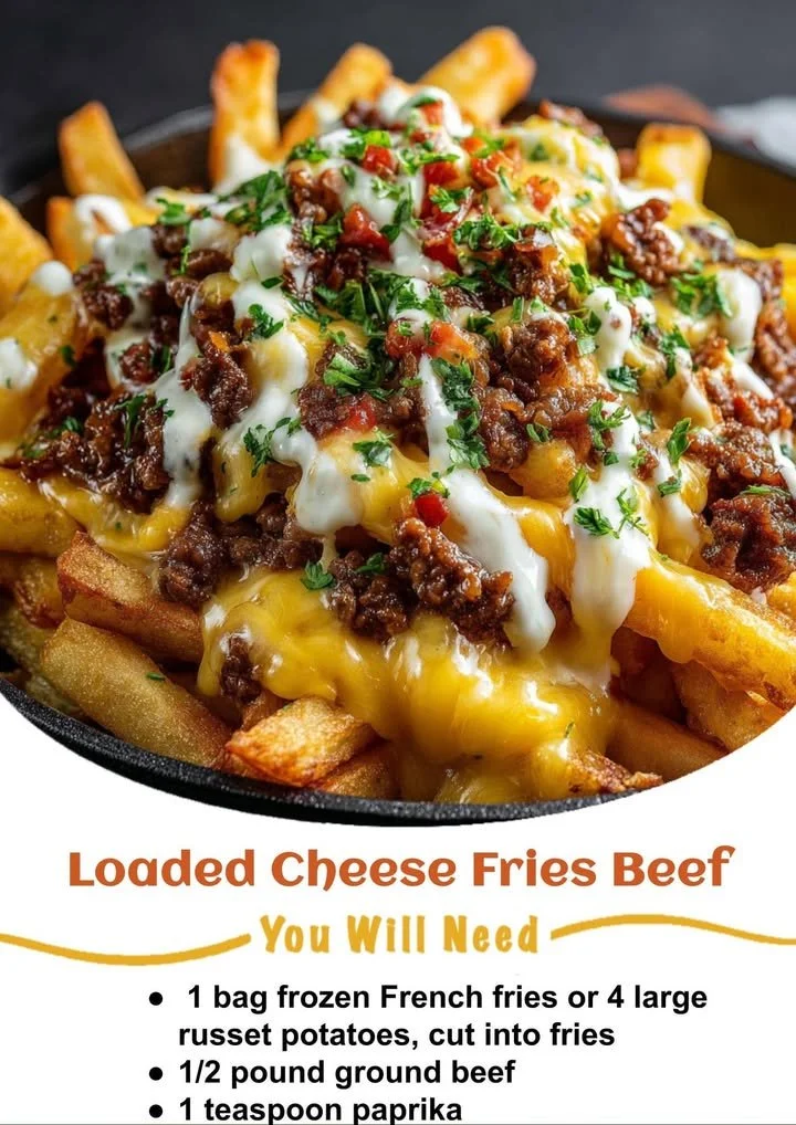 Cheesy Beefy Loaded Fries piled high with cheese and beef toppings.