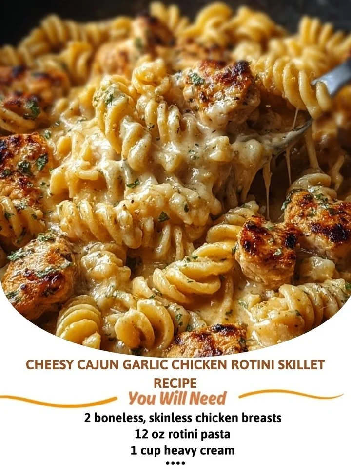Cheesy Cajun Garlic Chicken Rotini Skillet with colorful veggies and pasta