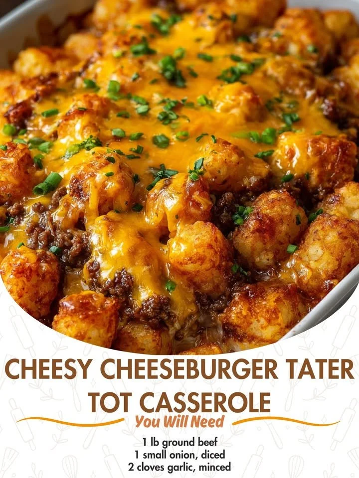 Cheesy cheeseburger tater tot casserole served in a baking dish.