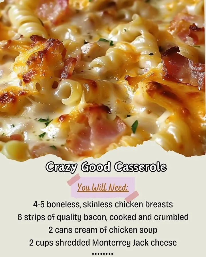 Cheesy chicken bacon pasta bake in a casserole dish