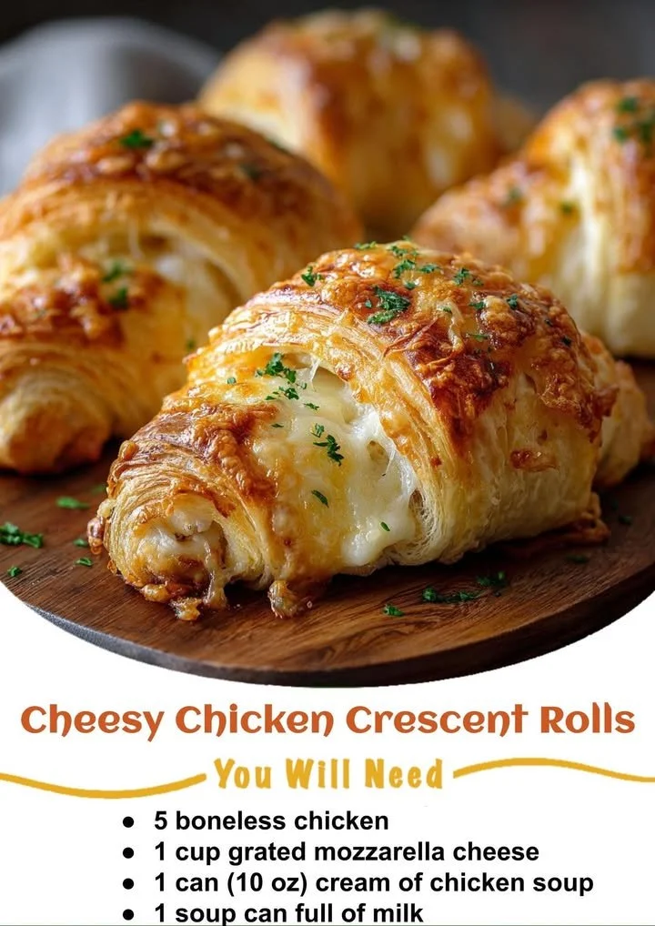 Cheesy chicken crescent rolls served on a plate, garnished with herbs.