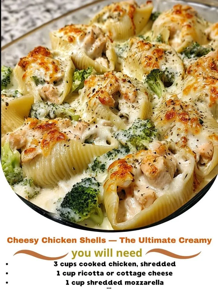 Cheesy chicken shells pasta bake topped with golden cheese