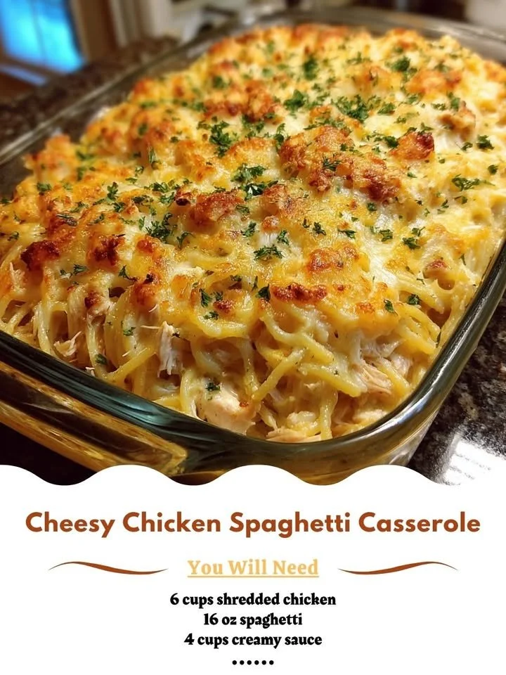 Cheesy Chicken Spaghetti Casserole in a baking dish, garnished and ready to serve.